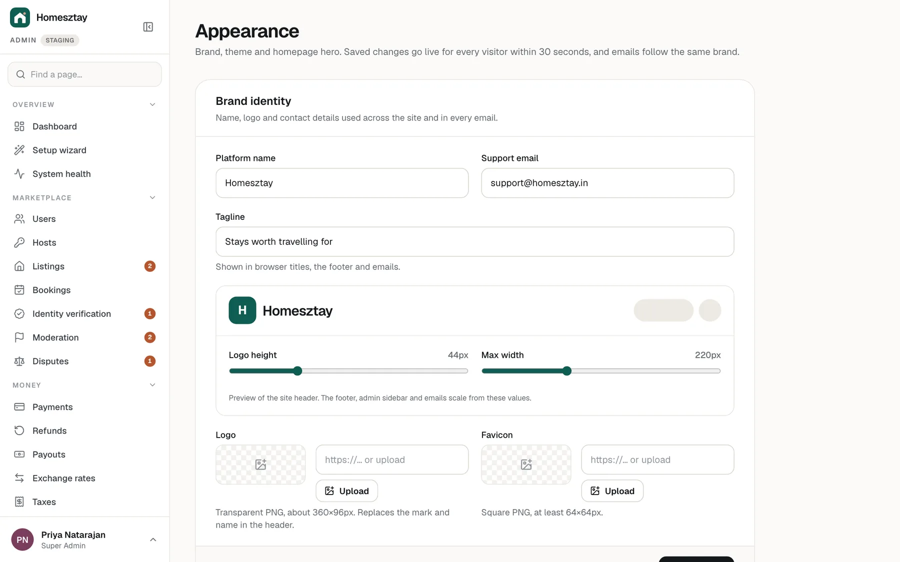 Appearance settings with brand, theme and logo controls