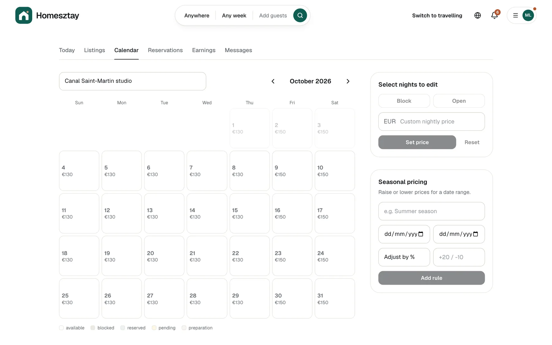 Host calendar and pricing in homestay booking software