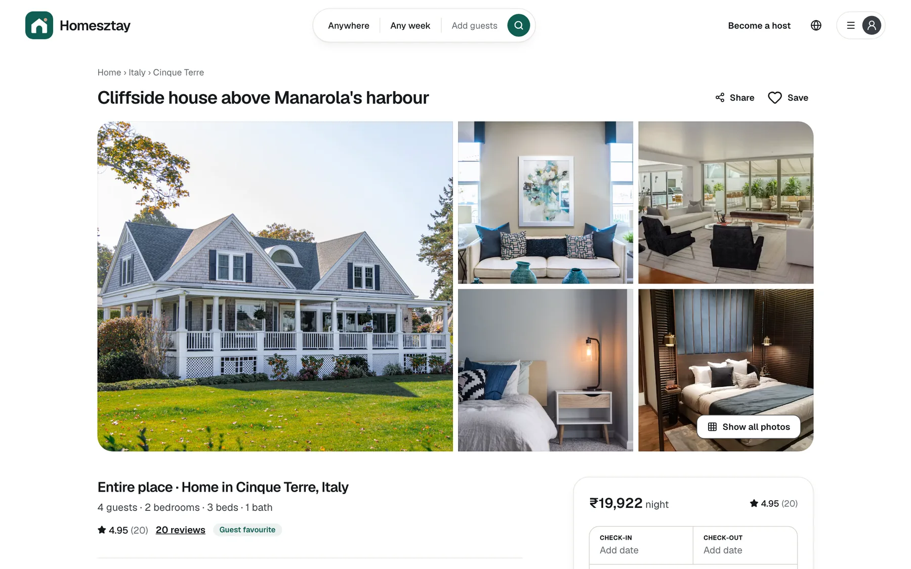 Villa listing page with photo gallery and booking panel
