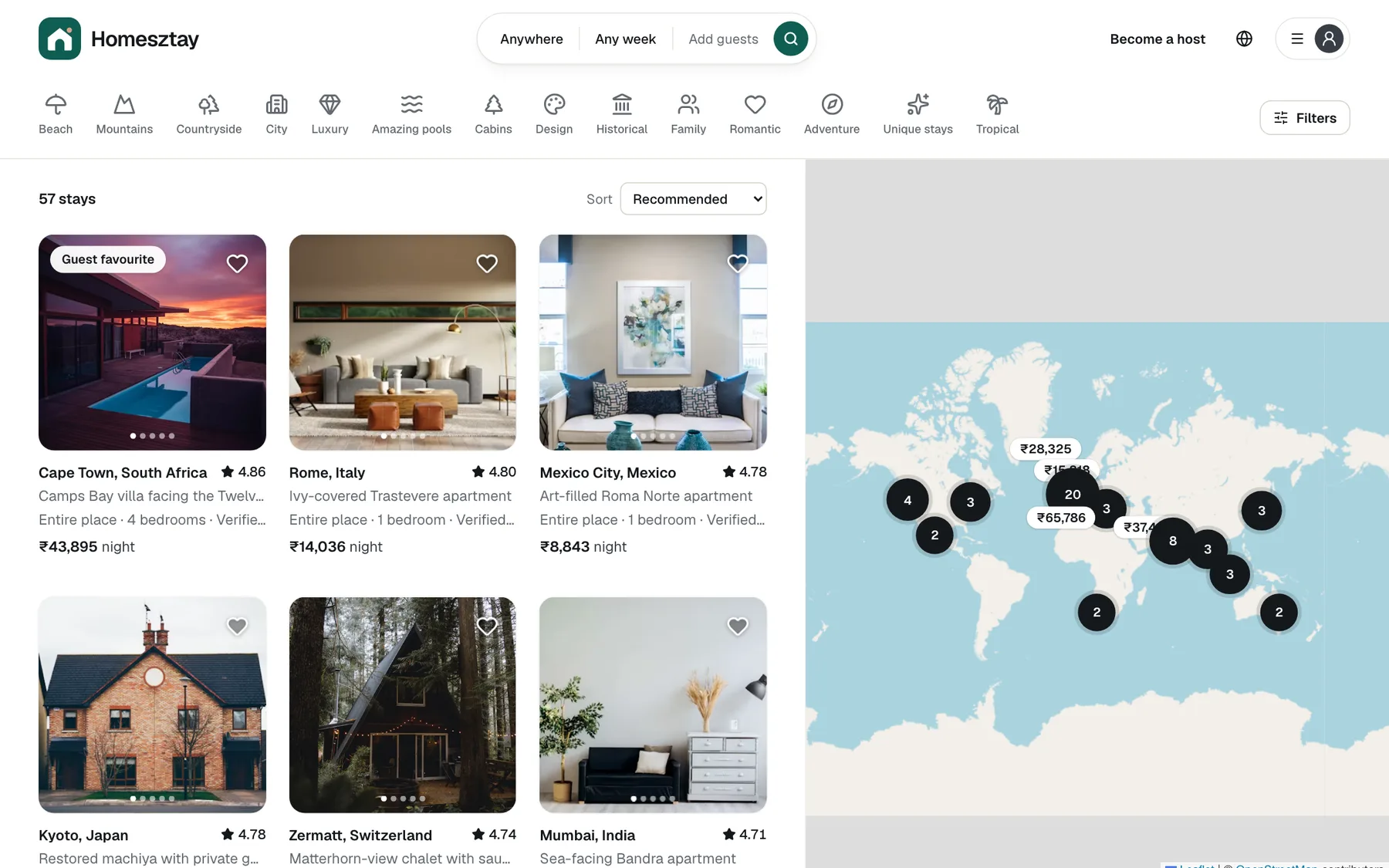Search results with map in a ready-made Airbnb-style platform